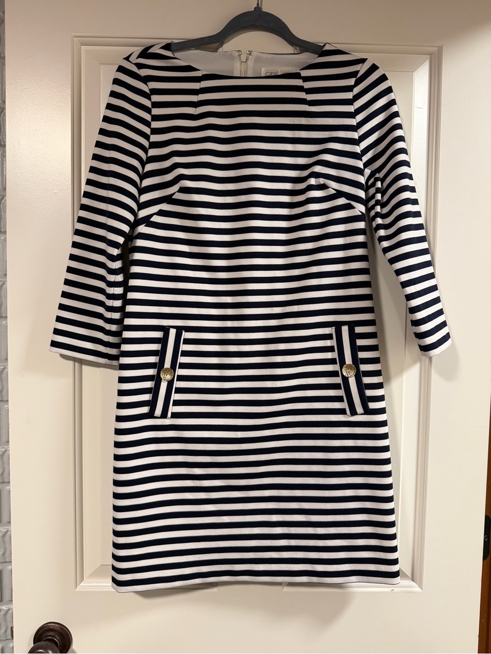 Eliza J Navy Blue & White Striped Sheath Dress Size 4 Gold Button Detail T102
